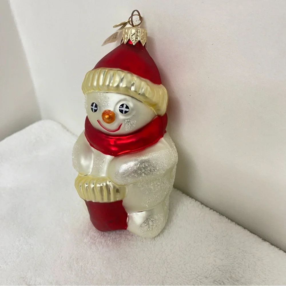 Department 56 Vintage Festive Snowman Holding a Red Stocking Christmas Ornament